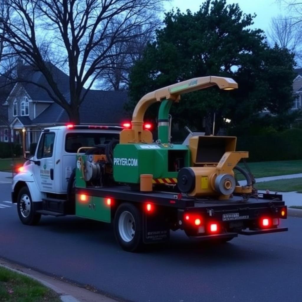 Truck loaded with chipper and grinding equipment