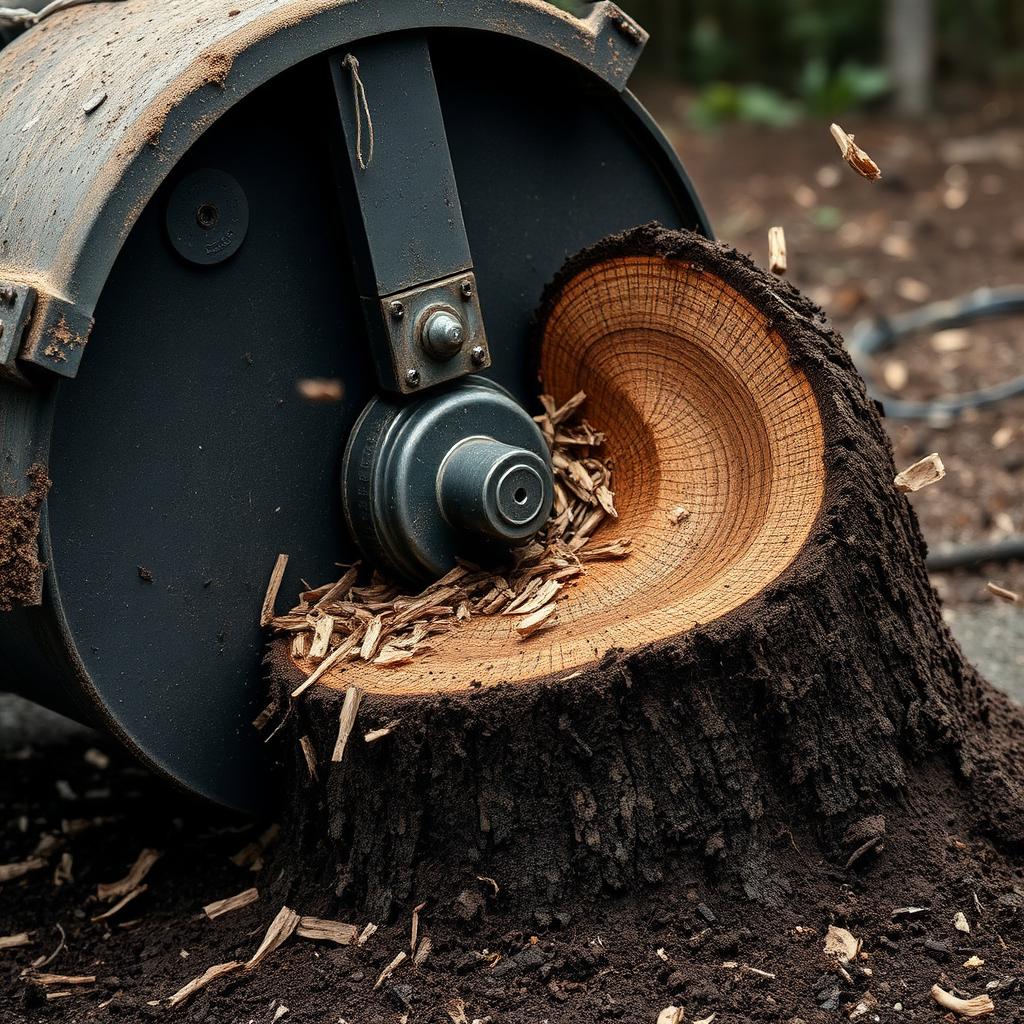 Stump grinder wheel grinding a large stump into mulch