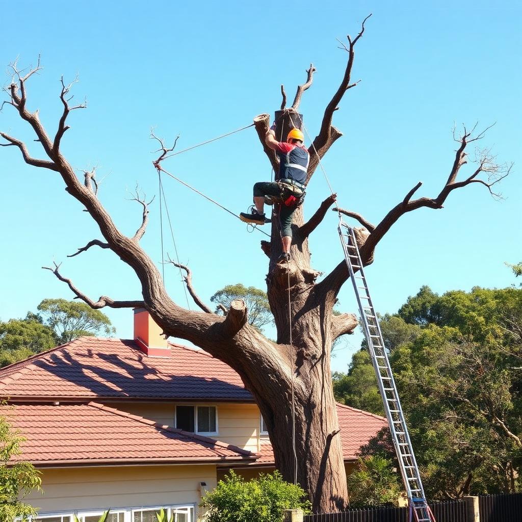 Climber sectionally dismantling a large tree